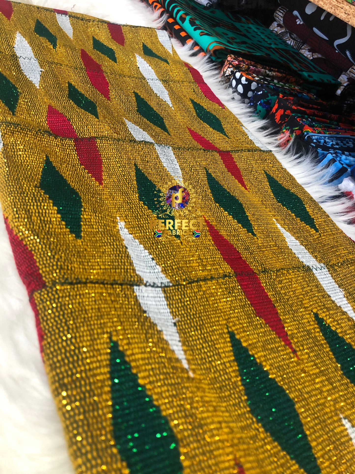 Gold, Green, Pink & White Ashanti Kente