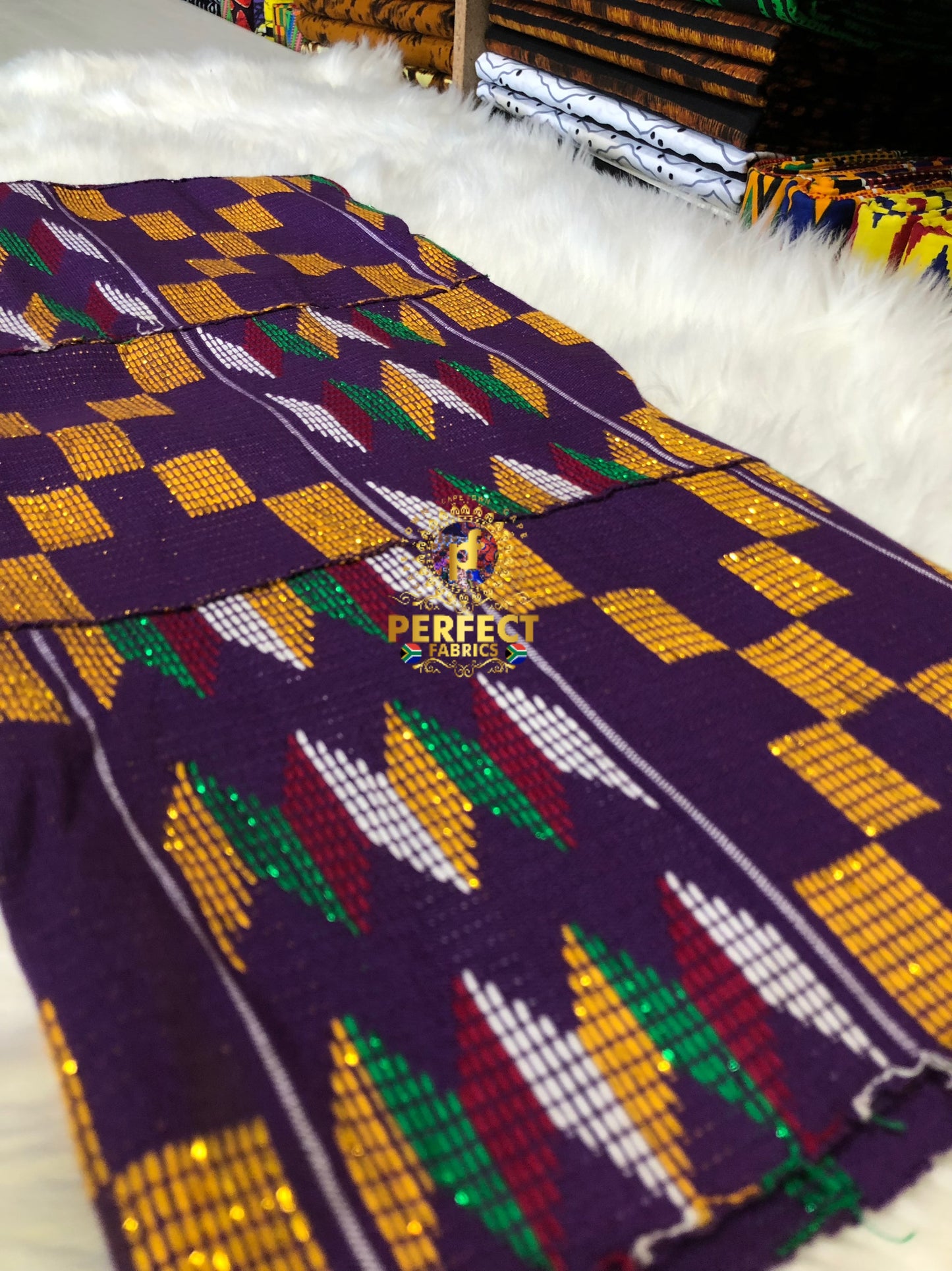 Purple , White, Gold, Red & Green Ashanti Kente