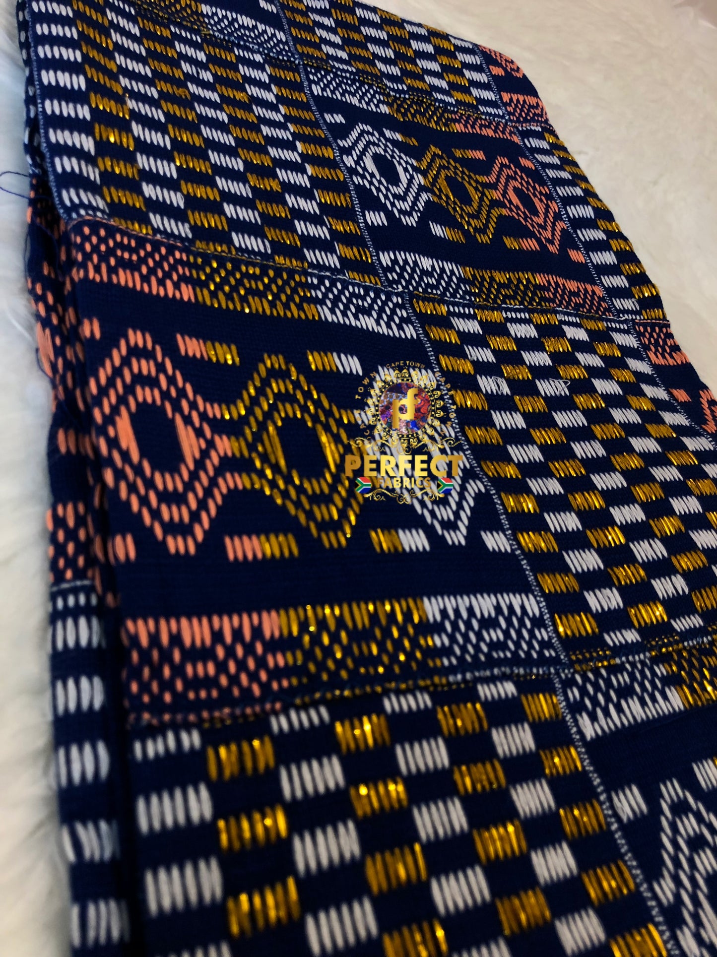 Blue, Peach, Gold & White Ashanti Kente