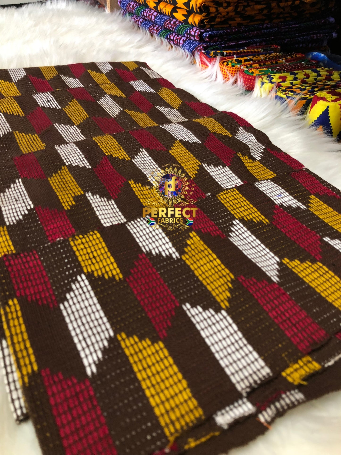Brown, Gold, White & Red Ashanti Kente