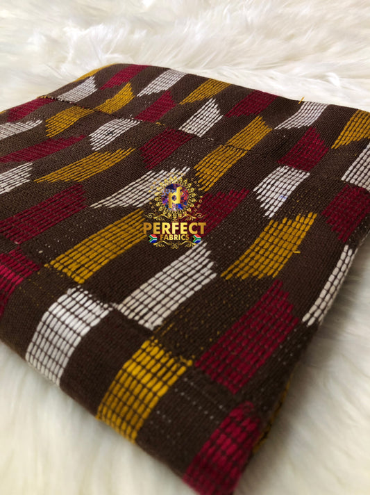 Brown, Gold, White & Red Ashanti Kente