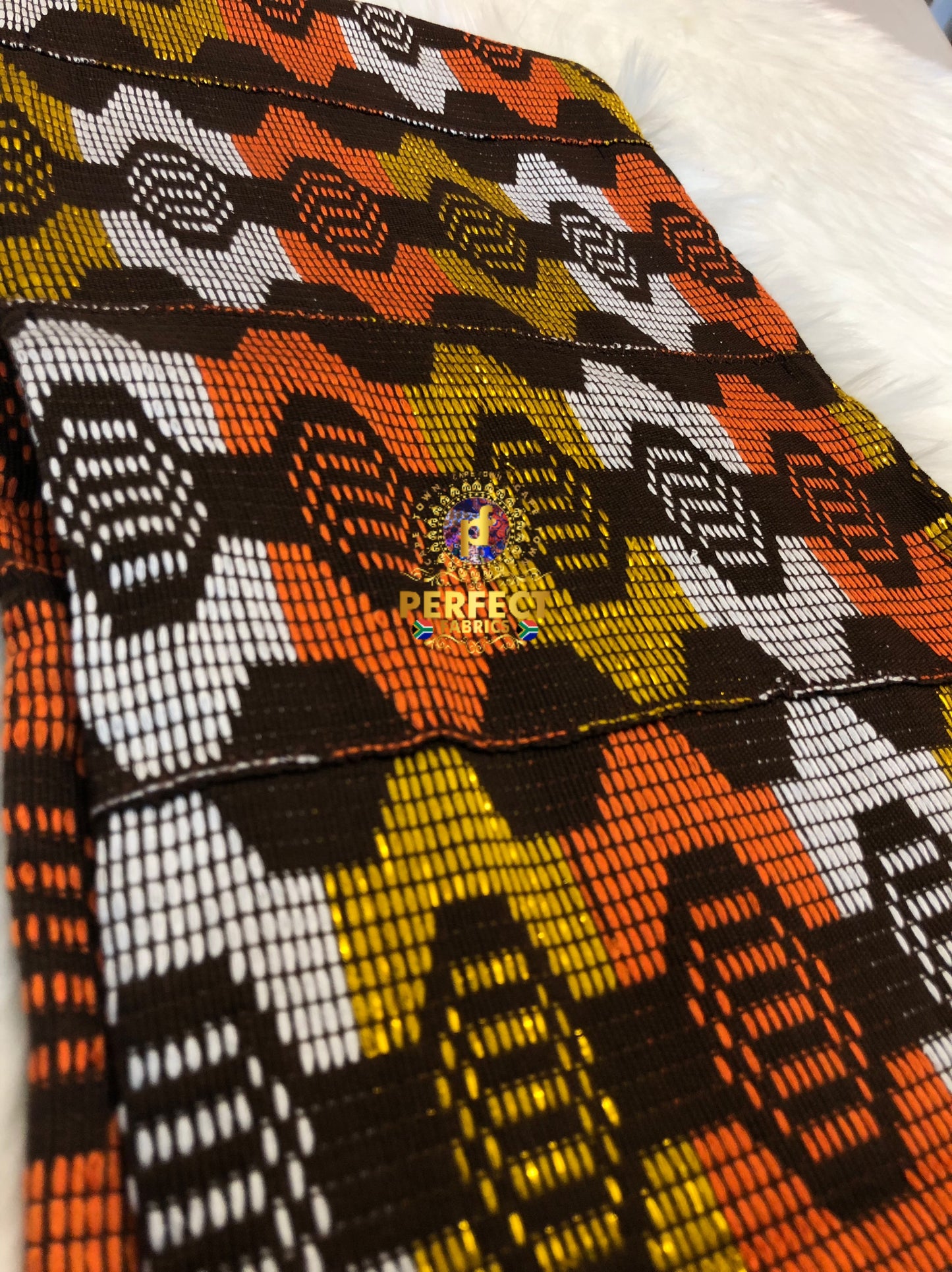 Brown, Orange, White & Gold Ashanti Kente