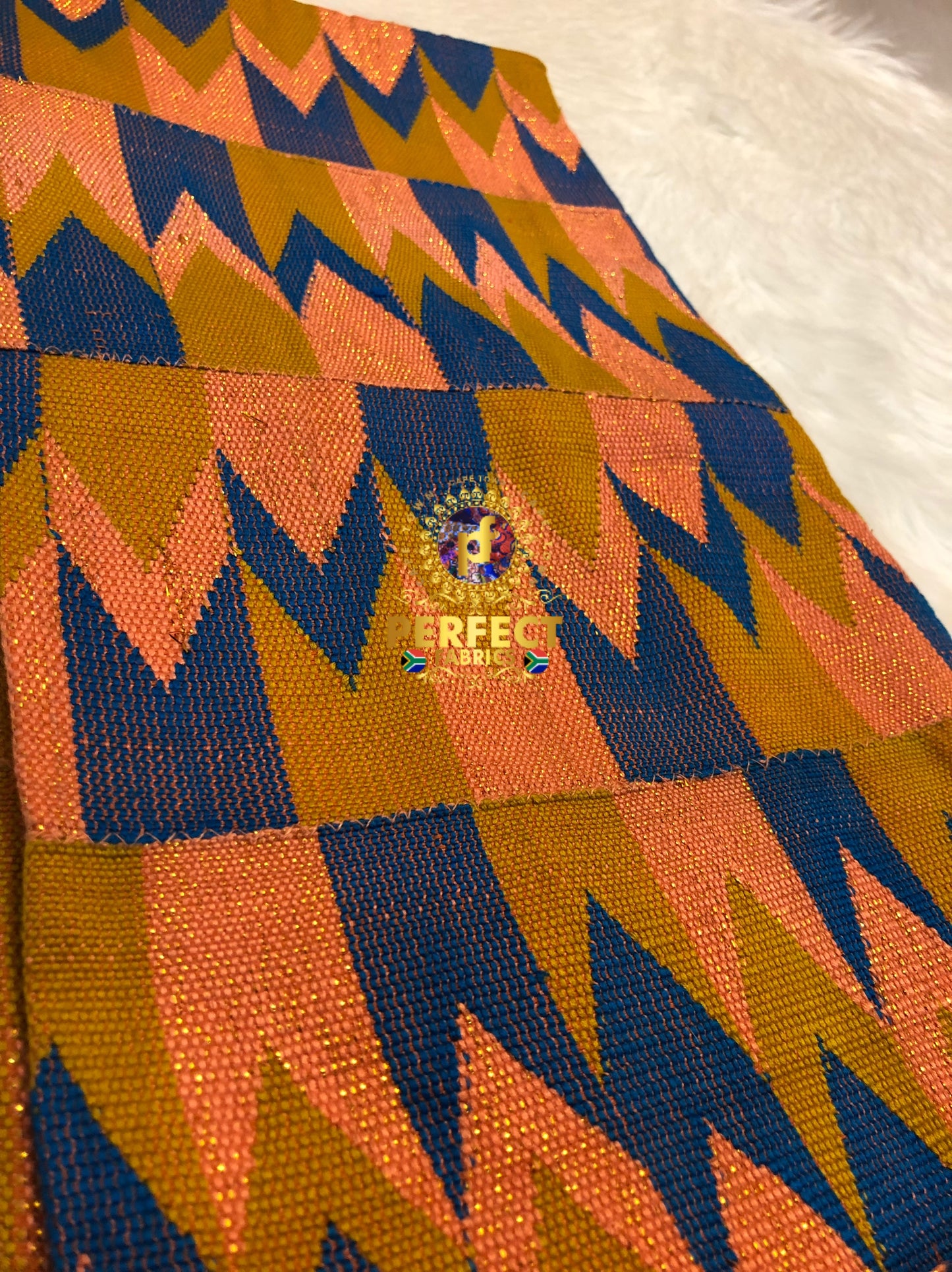 Peach, Blue & Gold Ashanti Kente