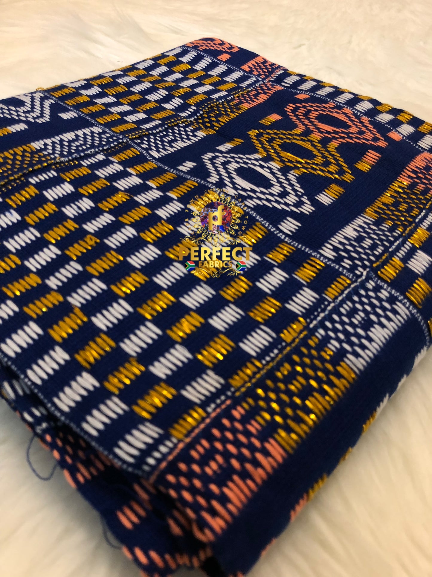 Blue, Peach, Gold & White Ashanti Kente