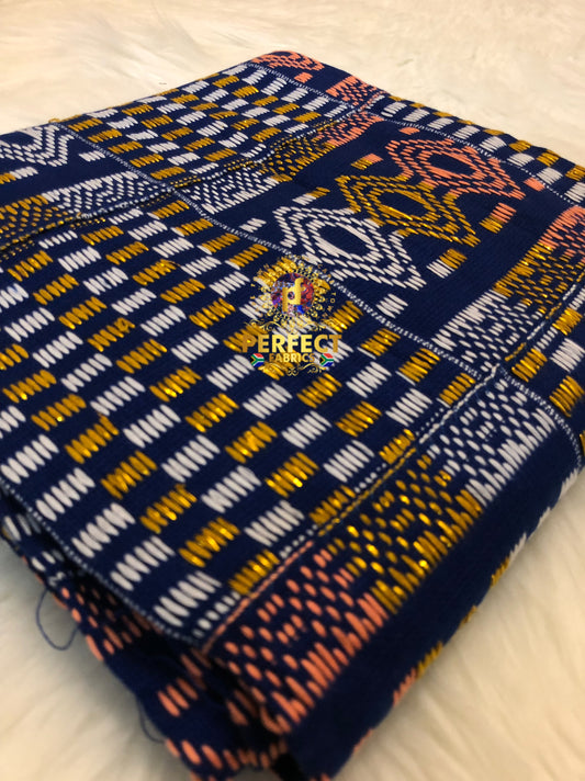Blue, Peach, Gold & White Ashanti Kente