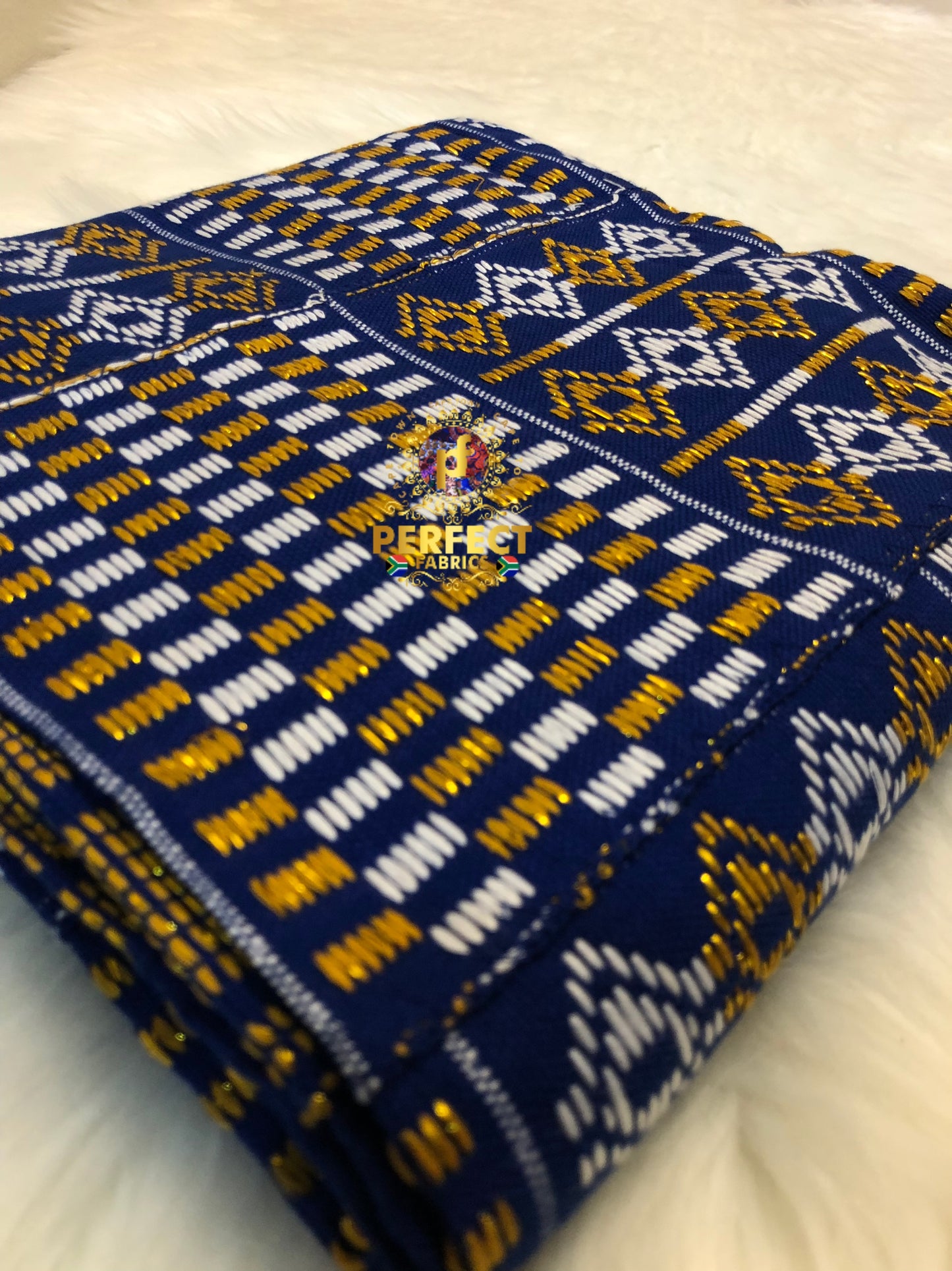 Blue , White & Gold Ashanti Kente