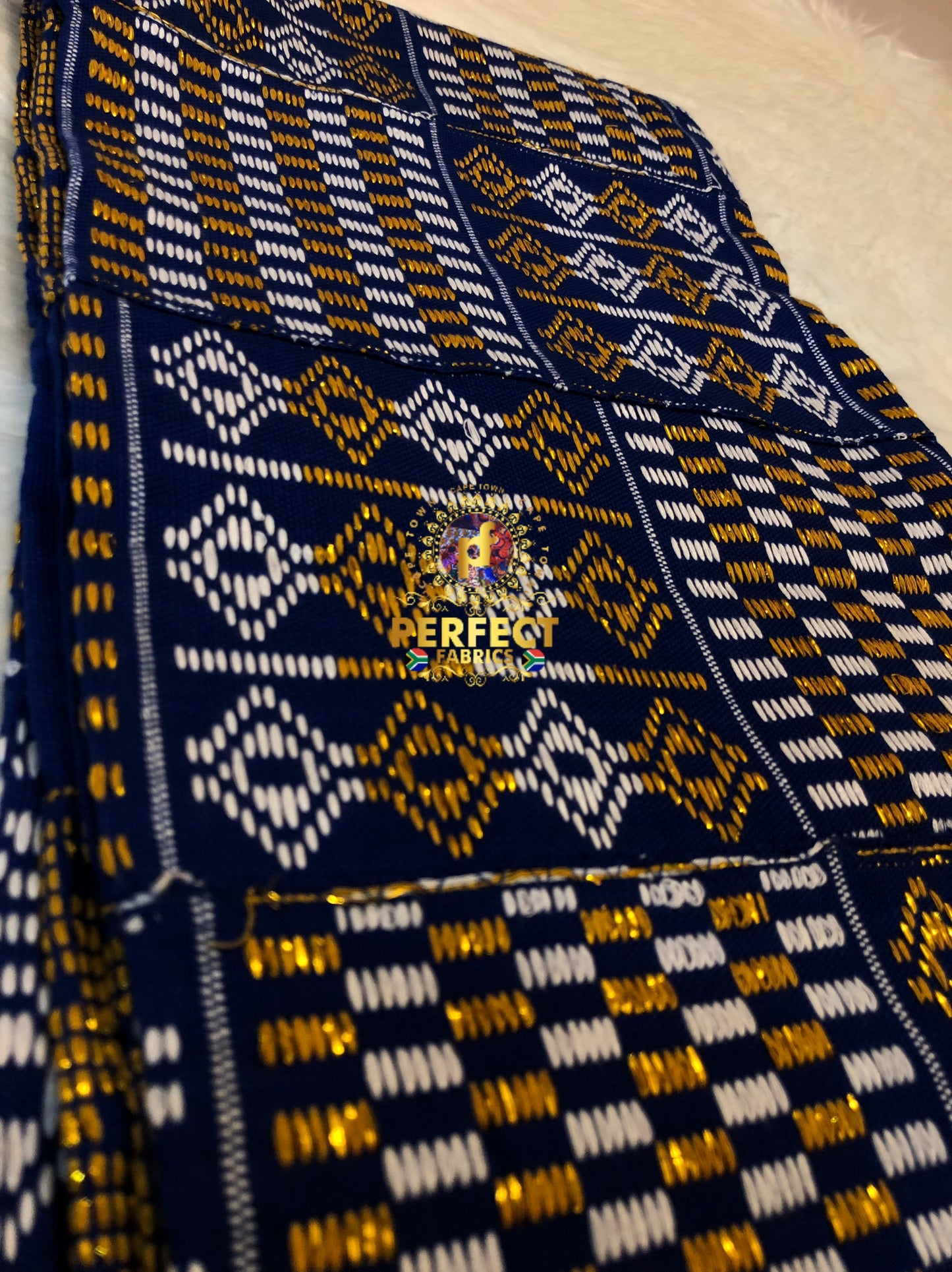 Blue , White & Gold Ashanti Kente
