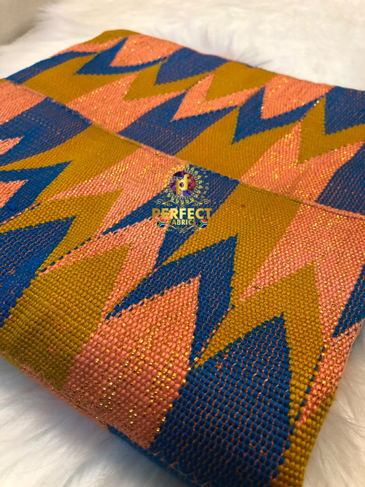 Peach, Blue & Gold Ashanti Kente