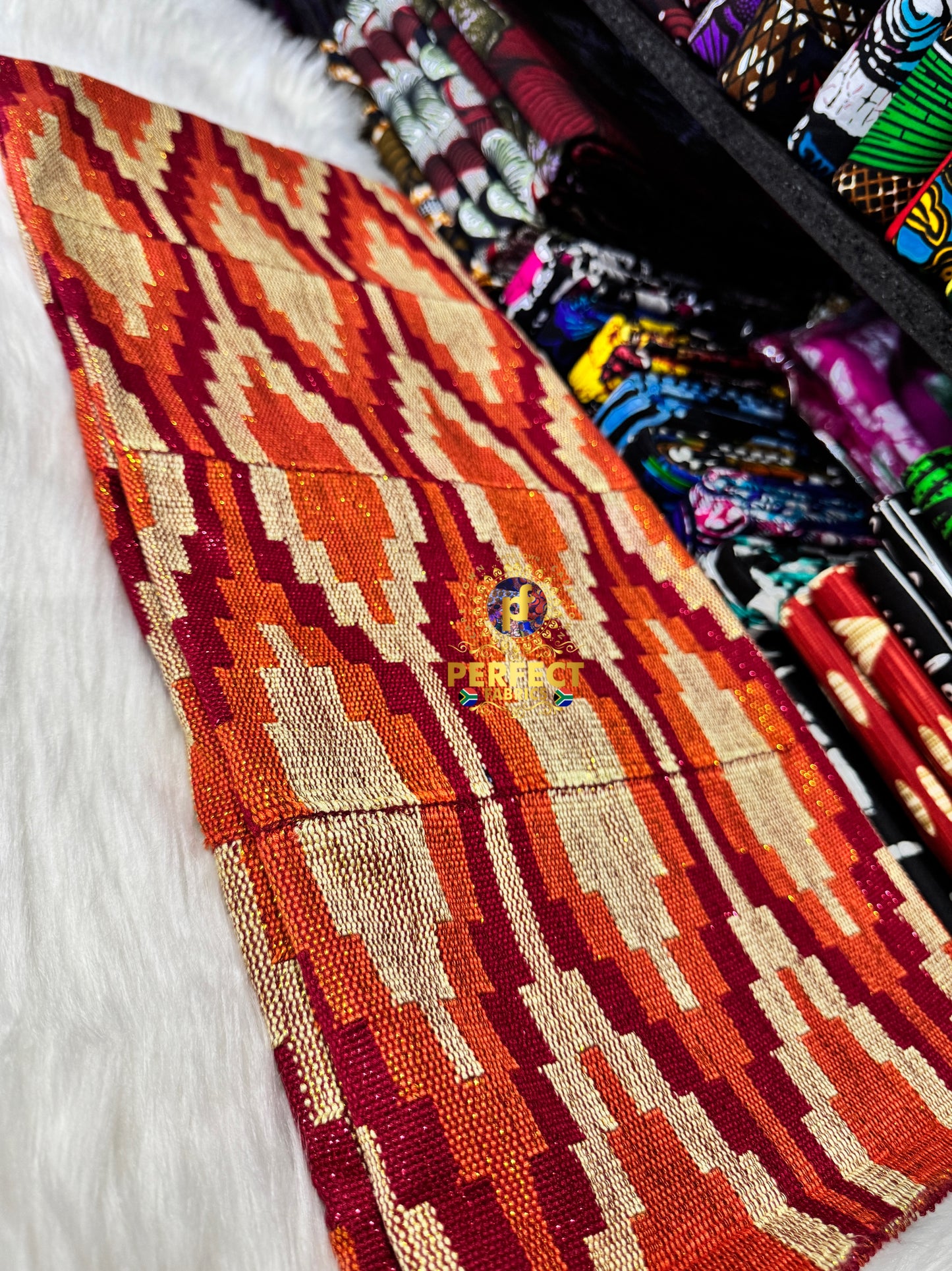 Maroon, Orange & Cream Ashanti Kente
