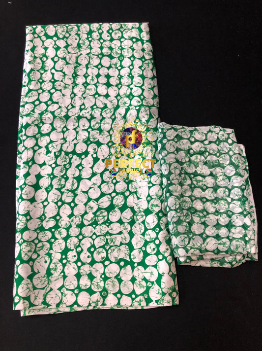 Green & White Adire Silk Set