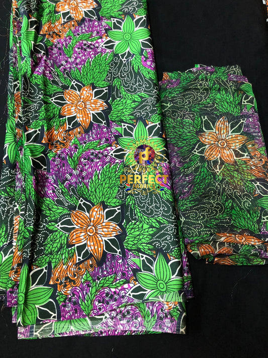 Green & Purple Floral Ankara Silk Set