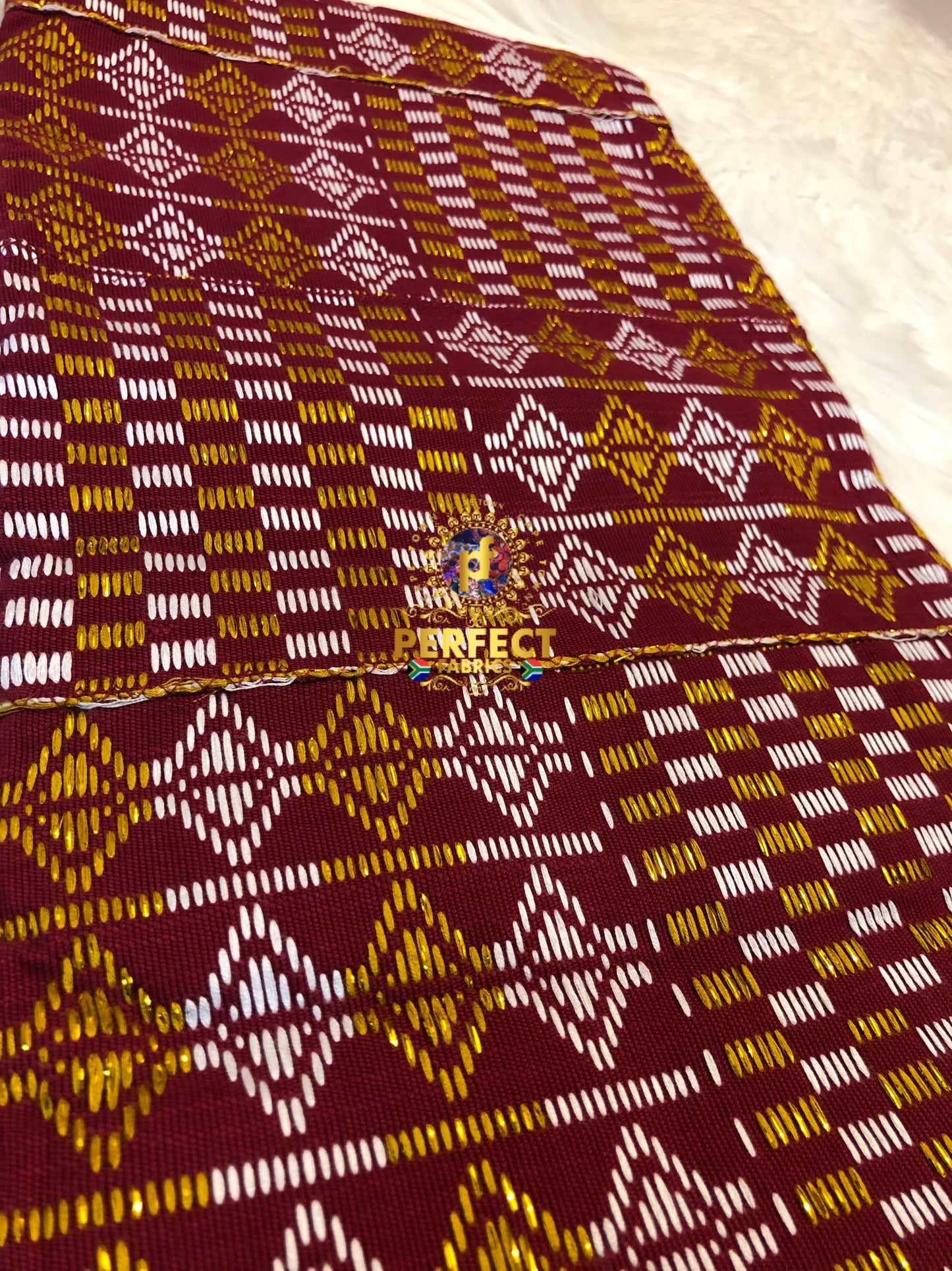 Maroon, White & Gold Ashanti Kente